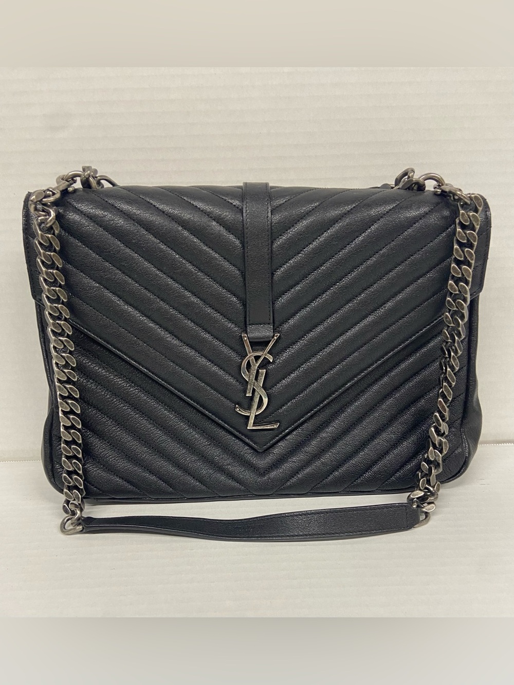 Saint Laurent Black Chevron Quilted YSL Chain Shoulder Bag